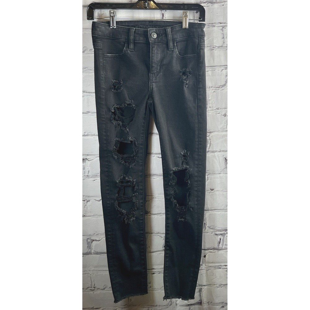 American Eagle OUTFITTERS Black Next‎ Level Stretch Jeggings 00 Distressed Denim